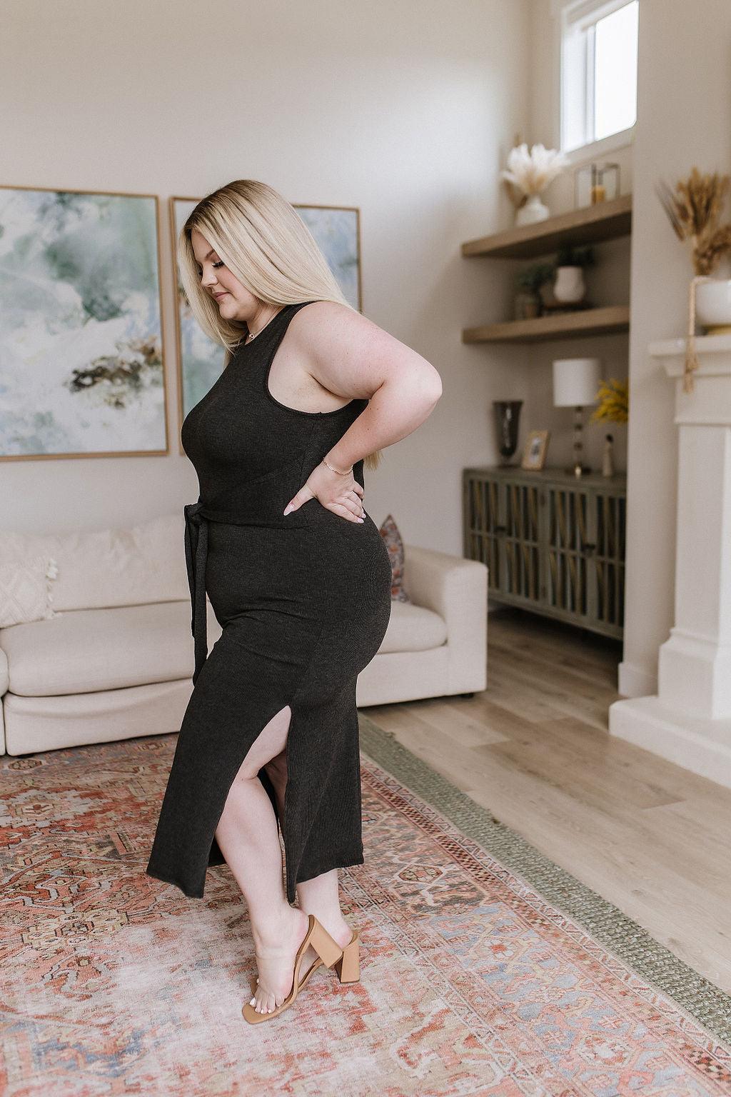 Hazel Blues® |  Out on the Town Tie Detail Midi Dress in Charcoal