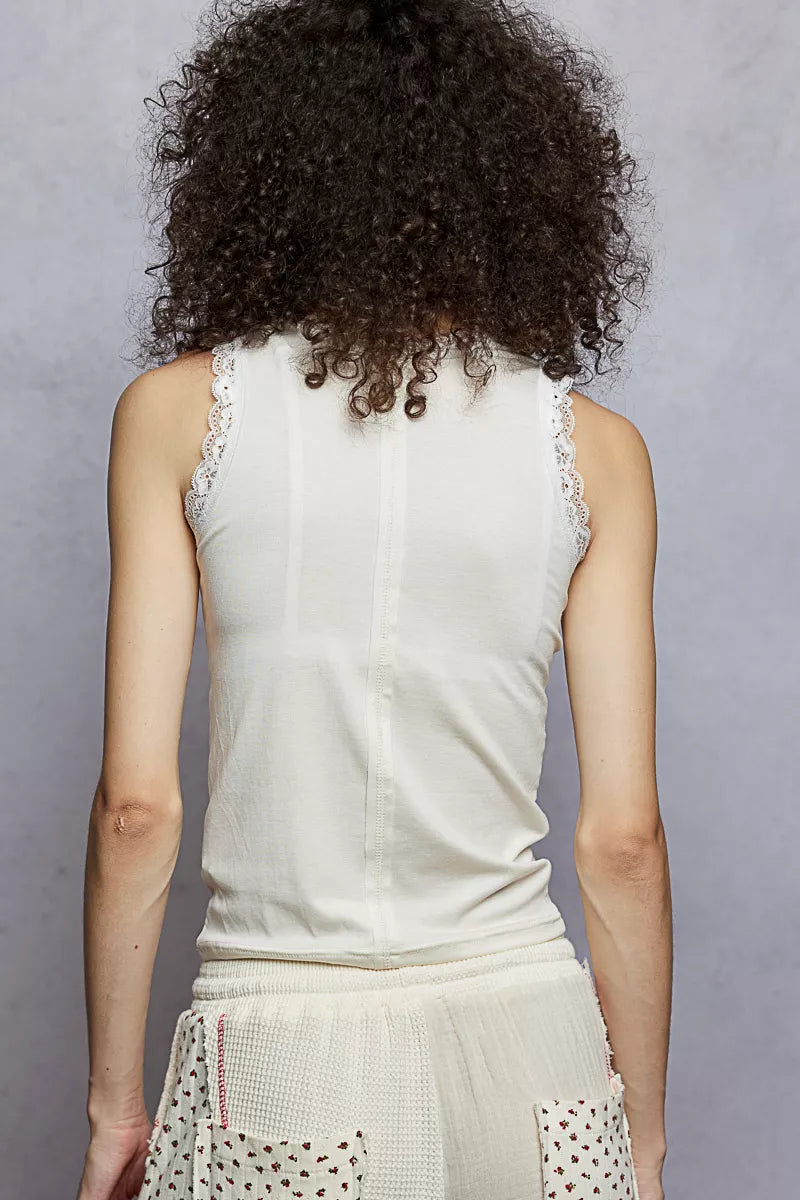 Hazel Blues® |  POL Round Neck Cropped Tank with Lace Trim