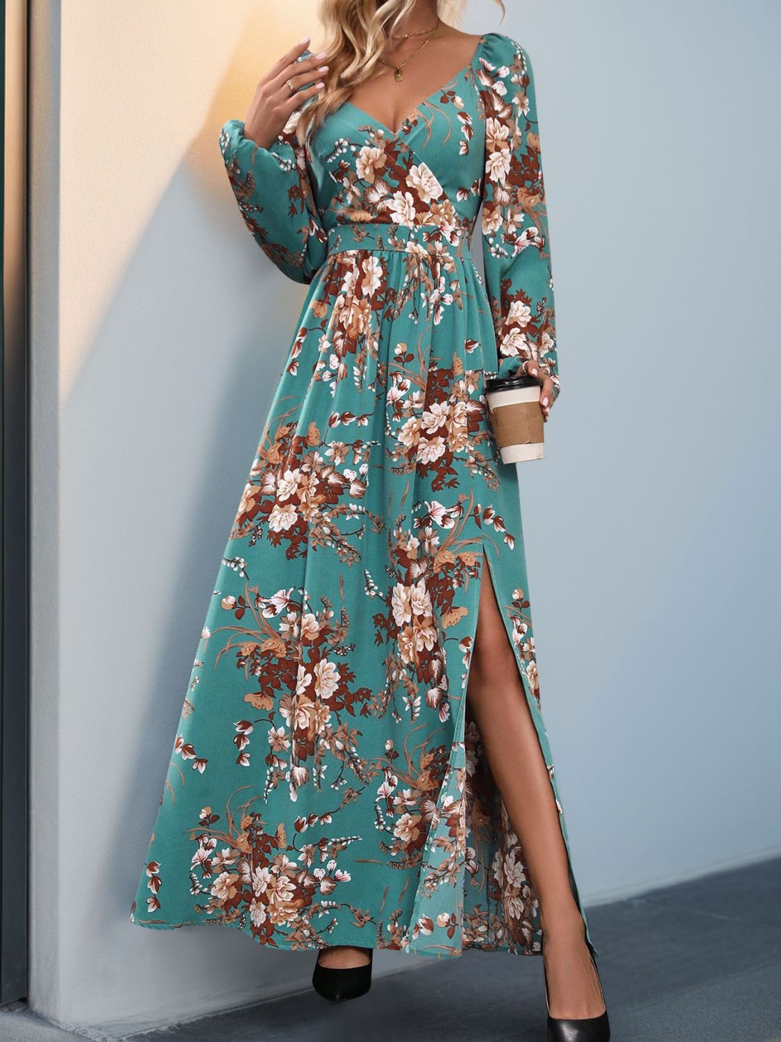 Hazel Blues® |  Slit Printed Surplice Long Sleeve Maxi Dress