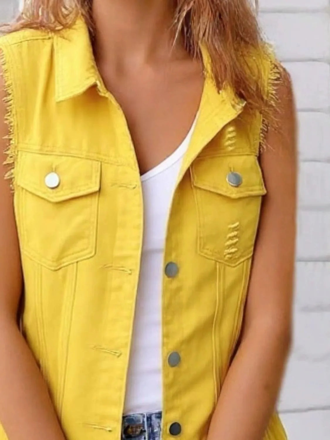 Hazel Blues® | Sleeveless Frayed Denim Vest Jacket