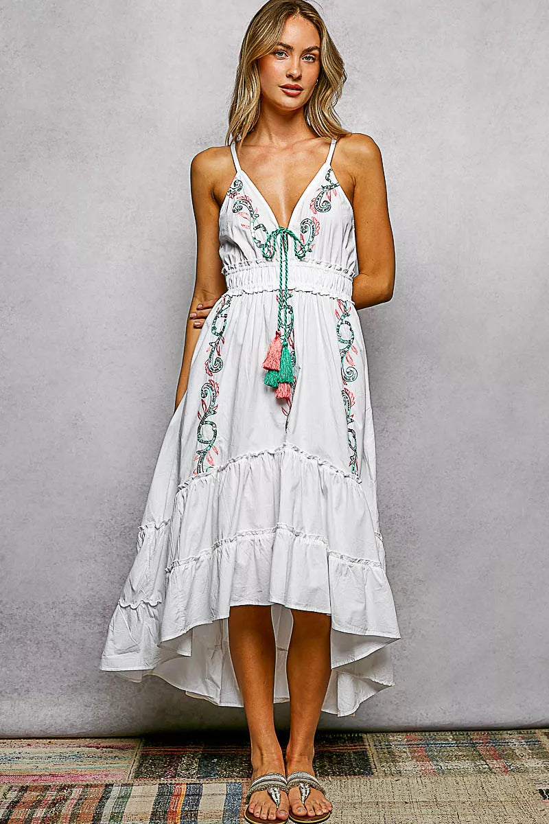 Hazel Blues® |  POL Embroidered Detail Tassel Tie Smocked Waist Midi Tiered Cami Dress