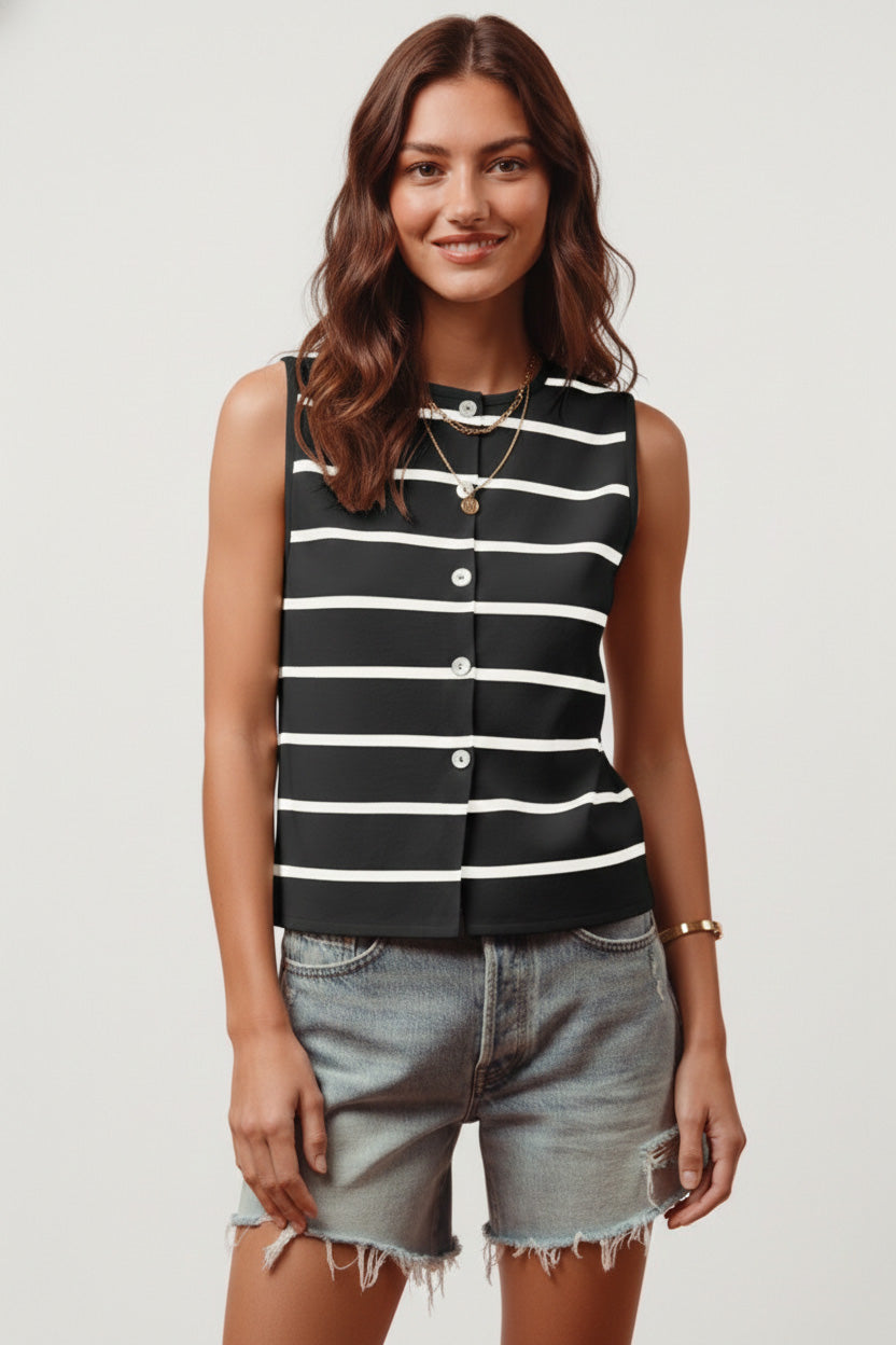 Hazel Blues® |  SO ME Button Front Stripe Fine Sweater Sleeveless Top