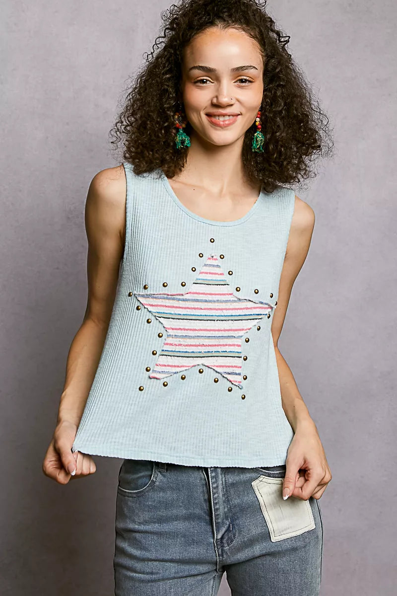 Hazel Blues® |  POL Round Neck Stud Point Ribbed Tank with Stripped Star Patch