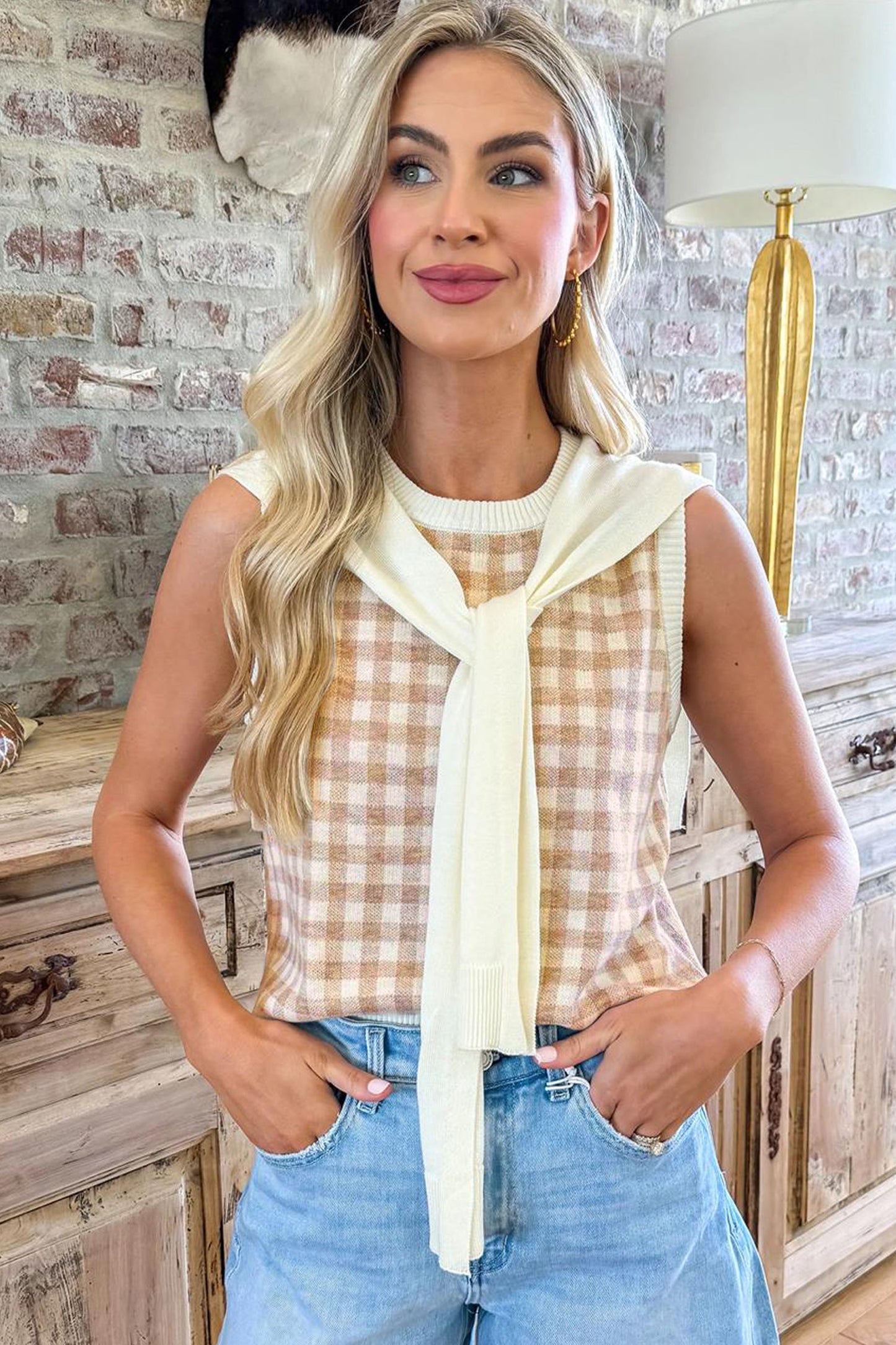 Hazel Blues® |  Khaki Gingham Plaid Knit Detachable Shawl Wrap Sweater Tank Top