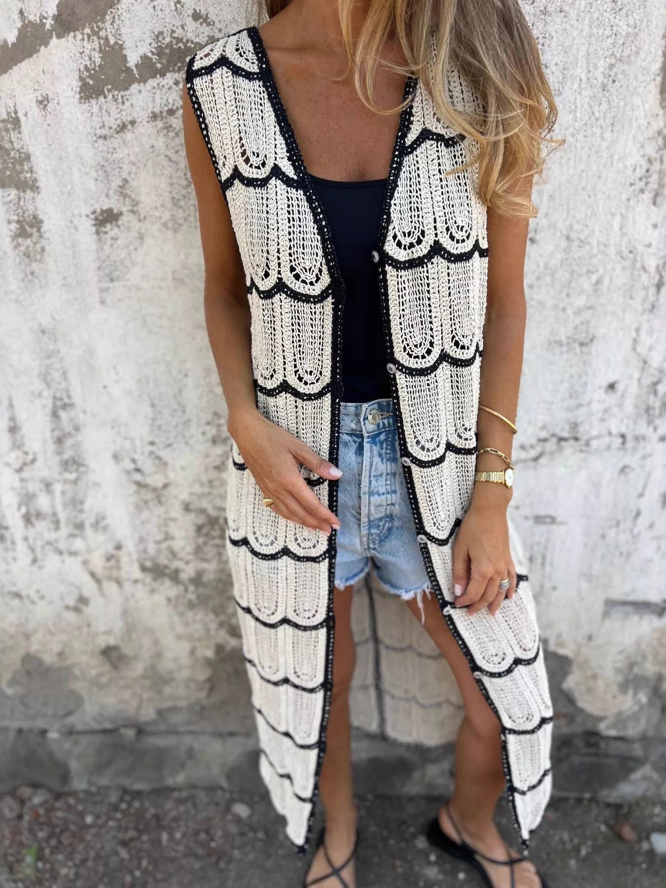 Hazel Blues® |  Sleeveless Crochet Longline Cardigan