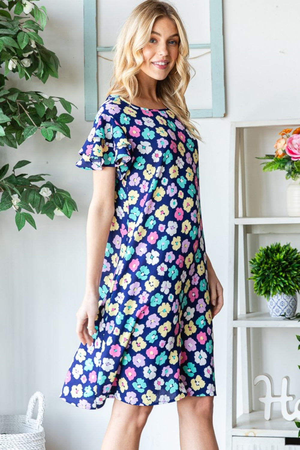 Hazel Blues® |  Heimish Floral Ruffled Short Sleeve Dress with Pockets