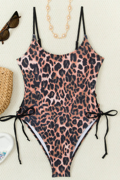 Vintage Leopard Print U Neck Side Lace Up One Piece Swimwear