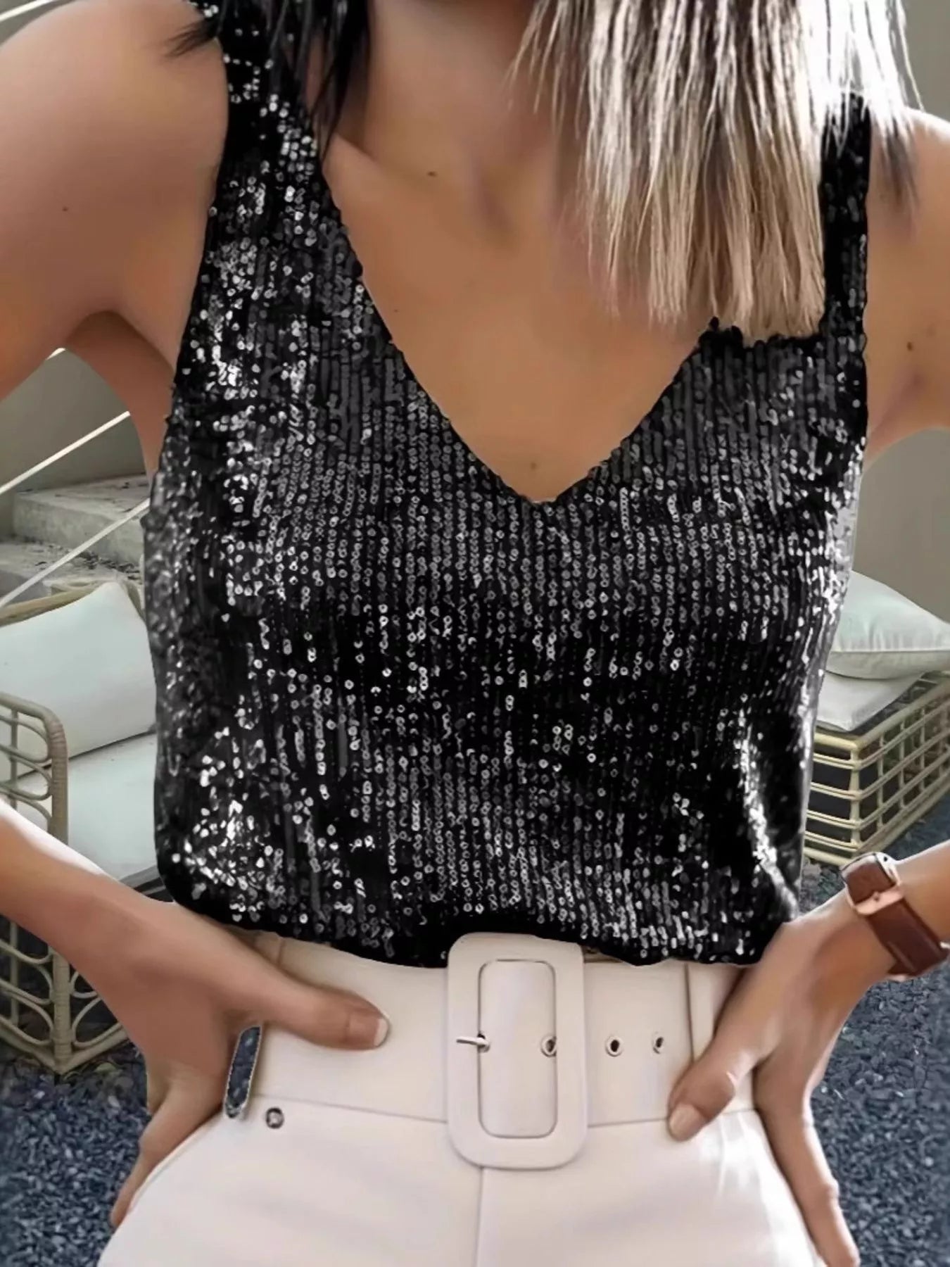 Hazel Blues® |  Sequin V-Neck Tank Top
