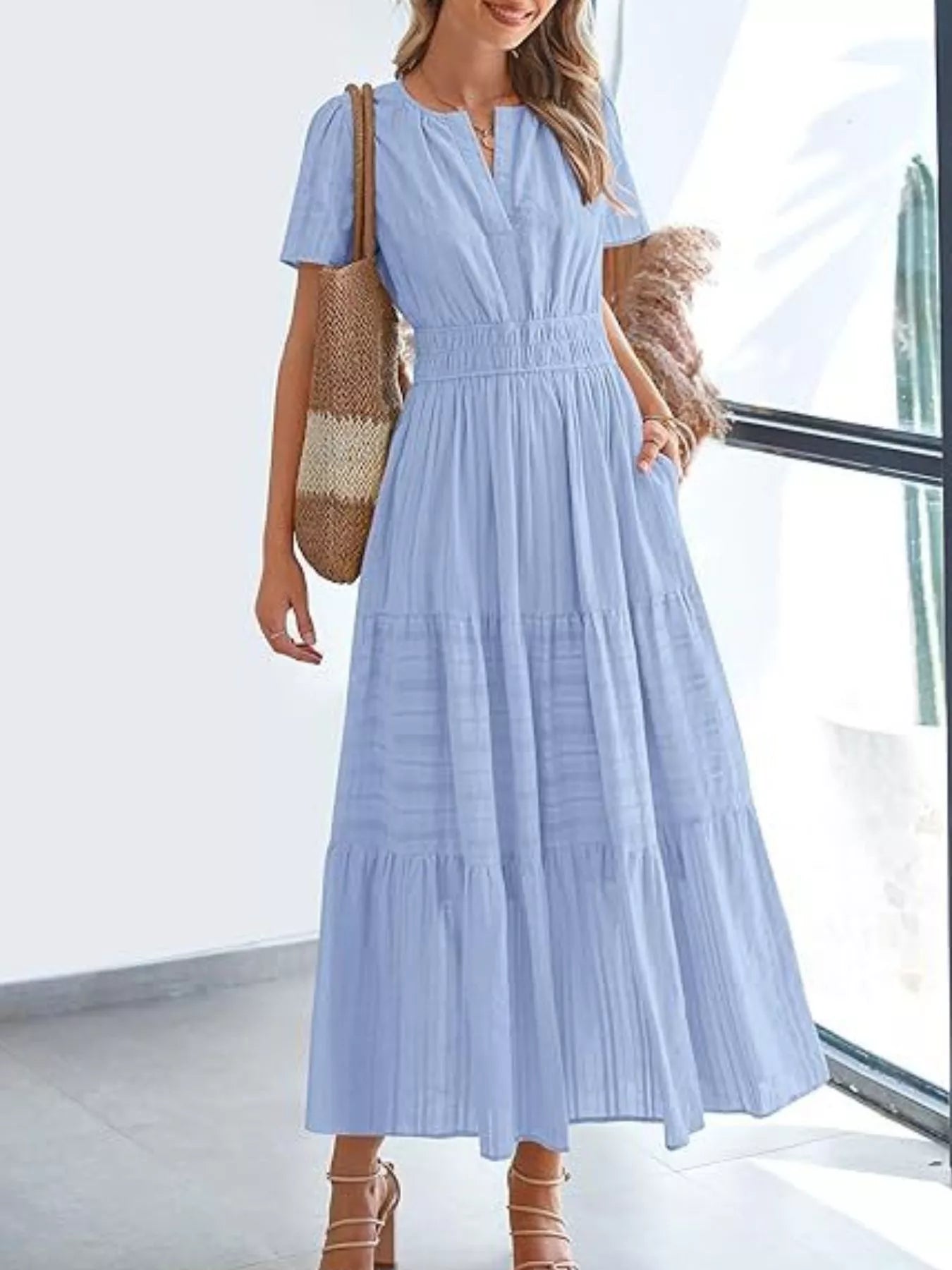 Hazel Blues® | Short Sleeve Tiered Midi Dress