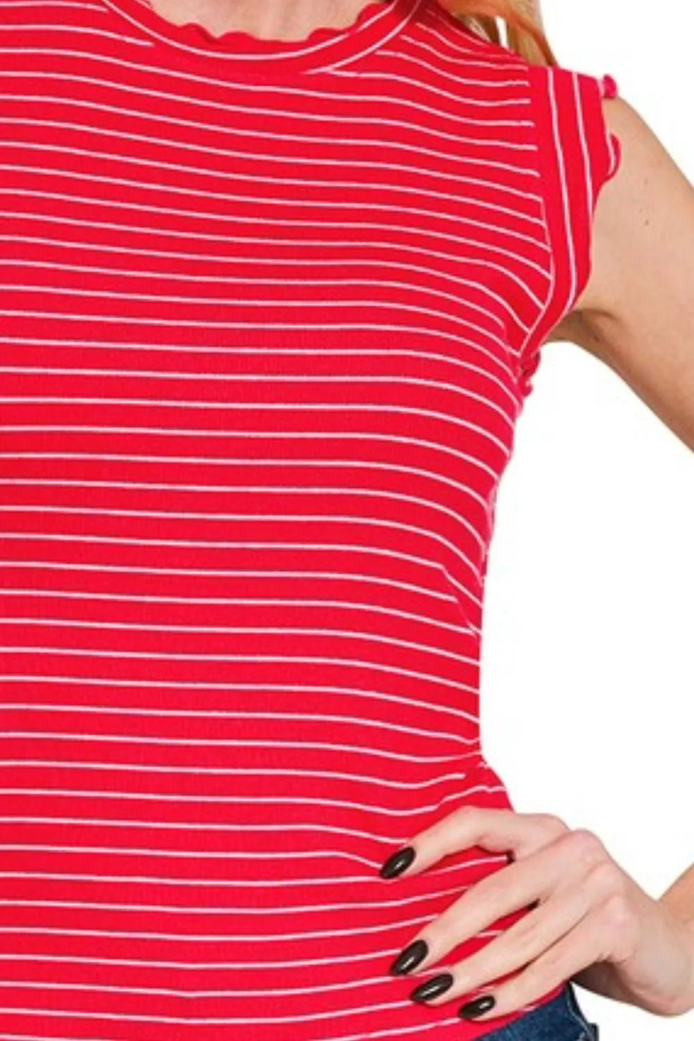 Hazel Blues® |  Zenana Ribbed Ruffle Trim Sleeveless Stripe Top