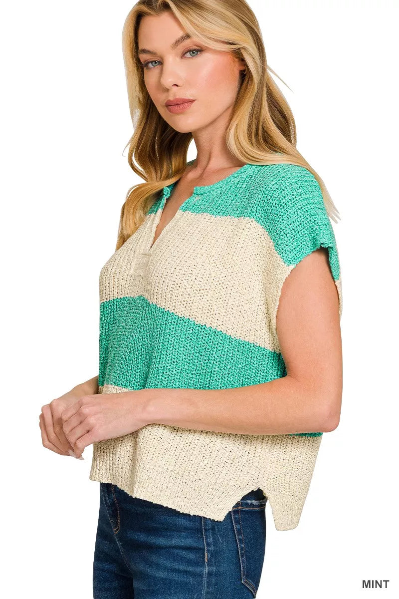 Hazel Blues® |  Zenana Split Neck Sleeveless Stripe Sweater