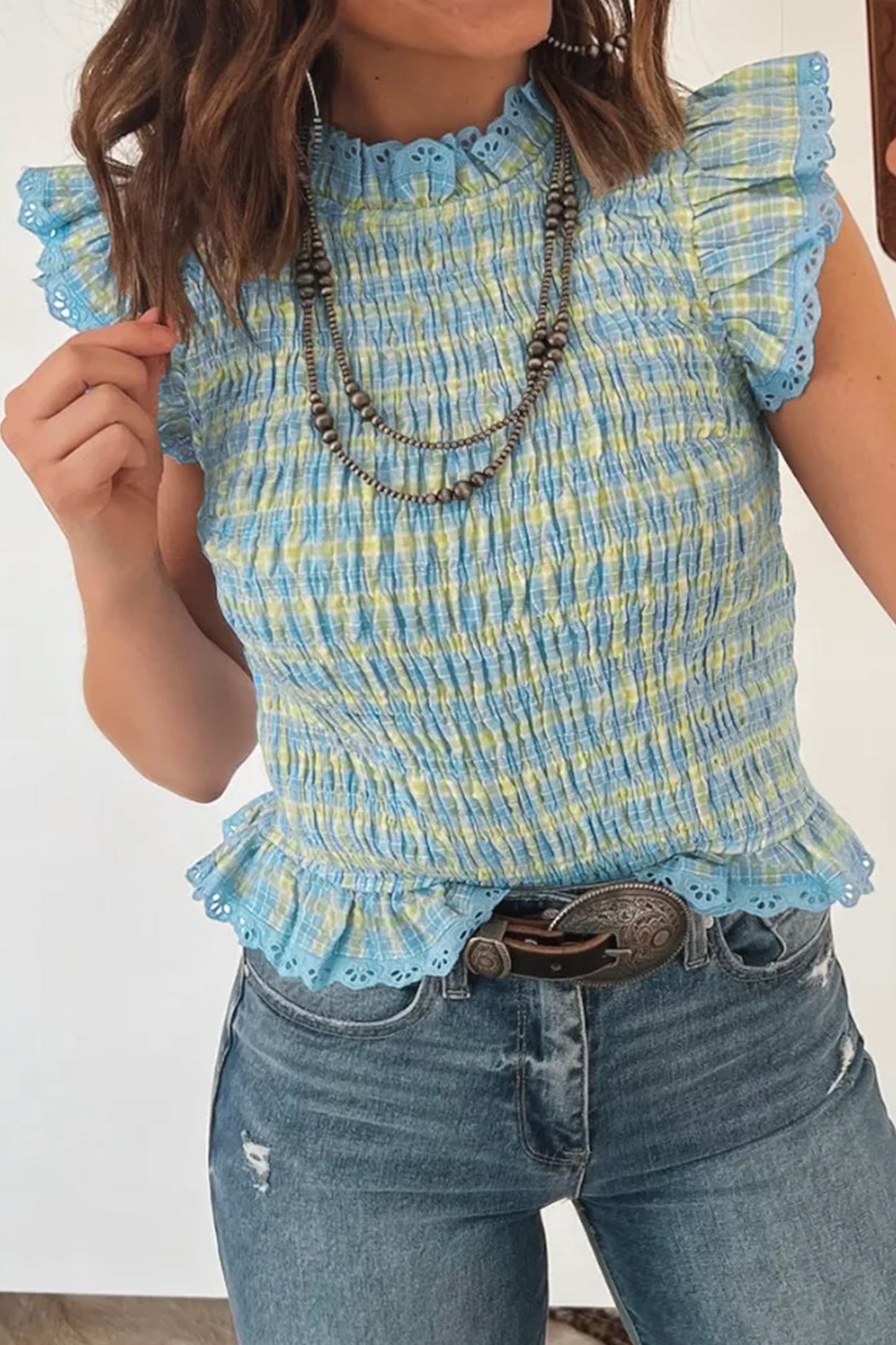Hazel Blues® |  Southern Sweetheart Blouse | Gingham Lace Detail Blouse