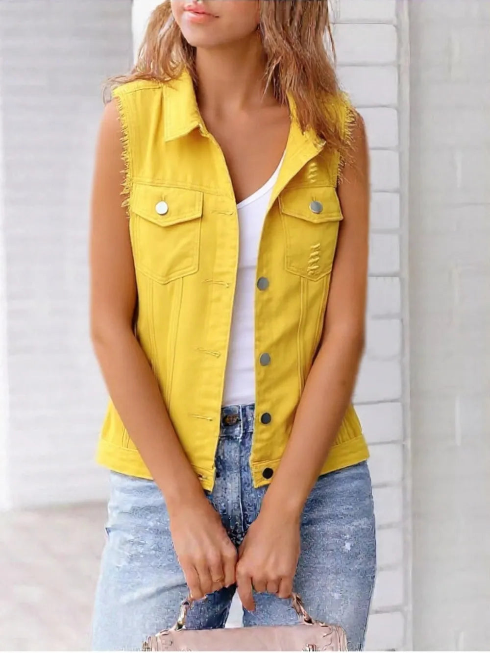 Hazel Blues® | Button Down Raw Hem Sleeveless Denim Jacket