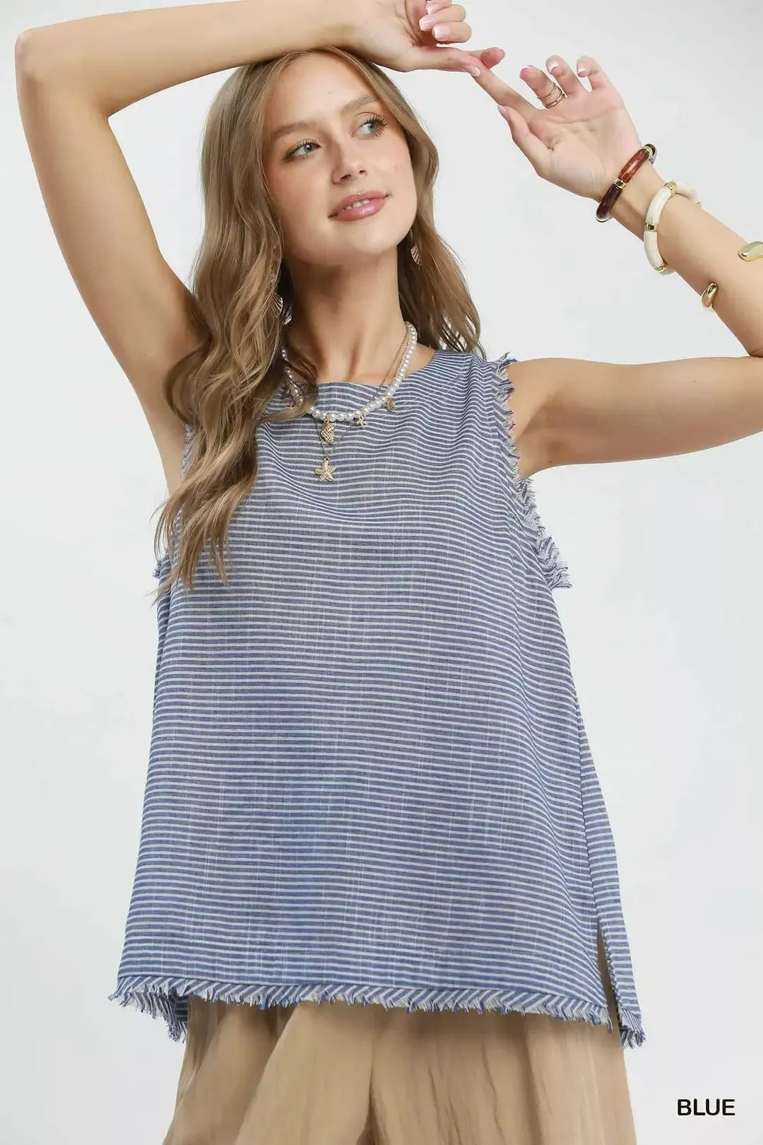 Hazel Blues® |  Umgee Stripe Fringe Trim Sleeveless Top