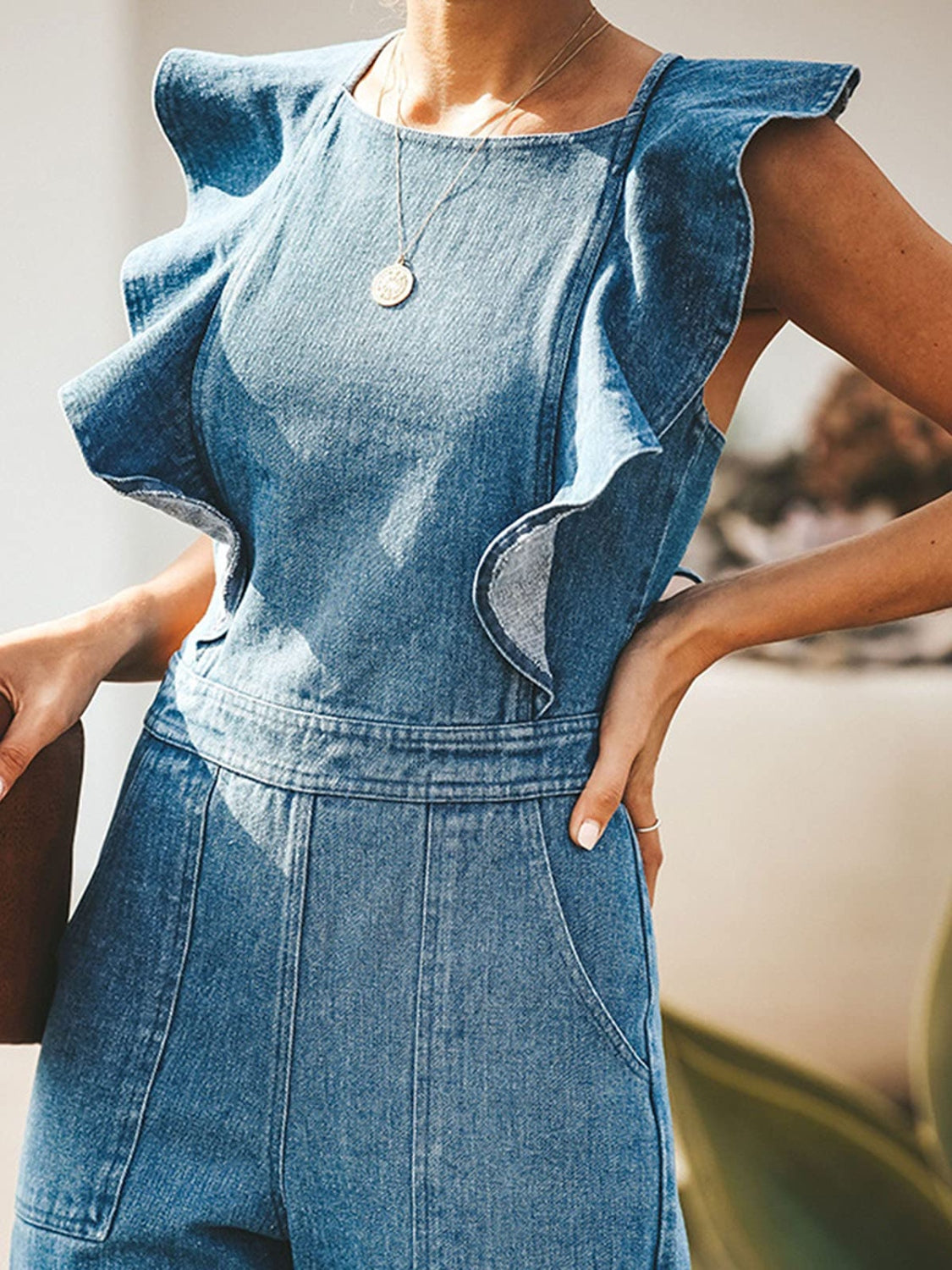 Hazel Blues® |  Ruffled Backless Sleeveless Denim Jumpsuit