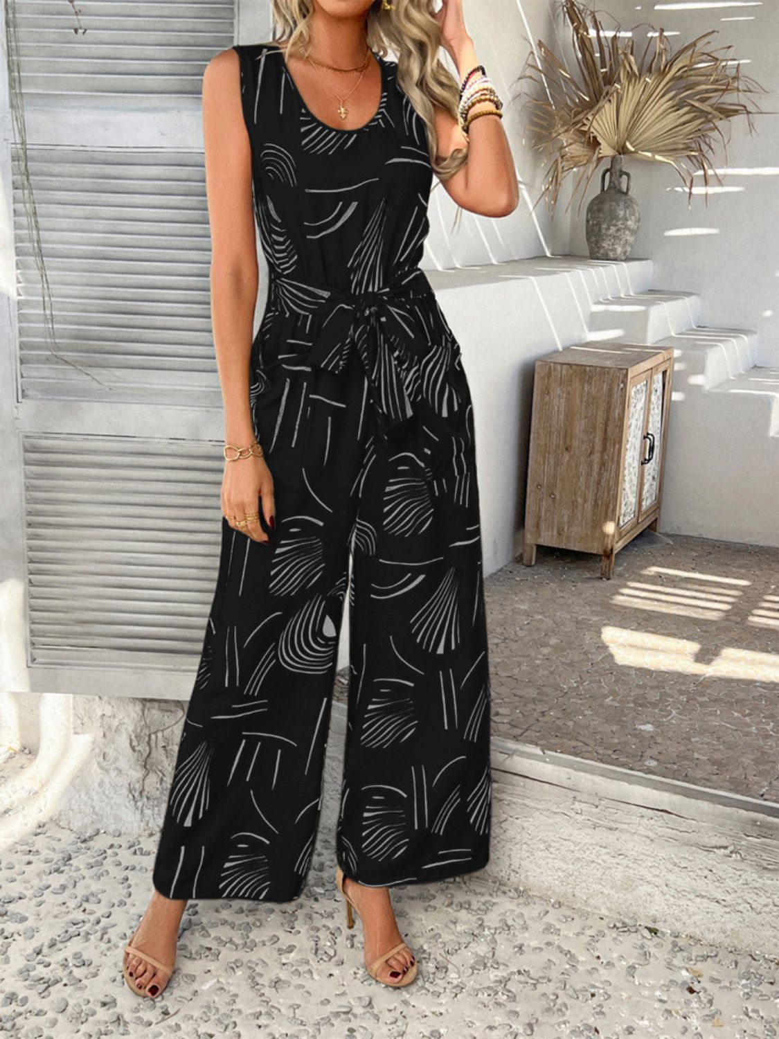 Hazel Blues® |  Devine Printed Round Neck Sleeveless Tie Waist Jumpsuit
