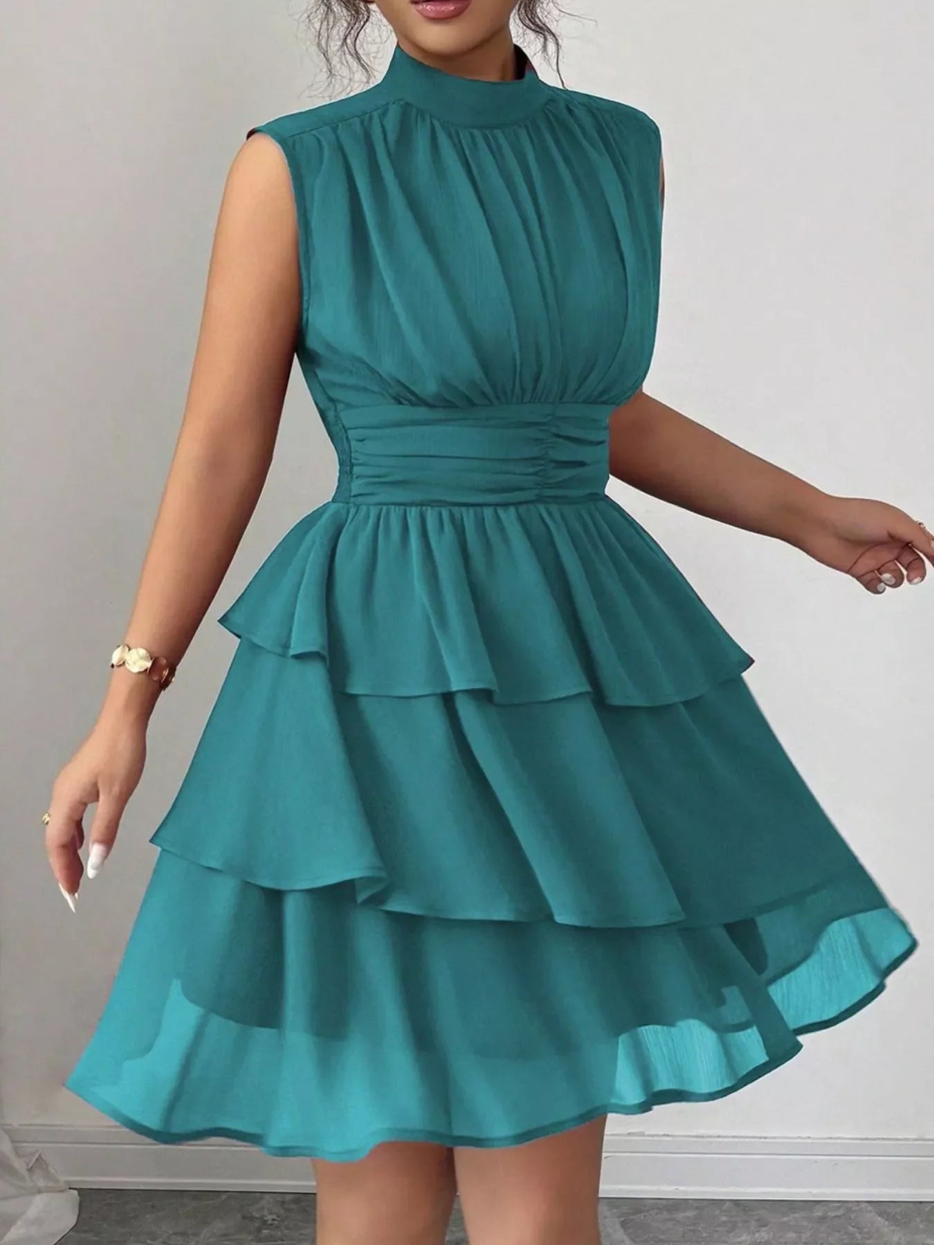 Ruffle Romance Dress | Ruffle Sleeveless Mock Neck Dress
