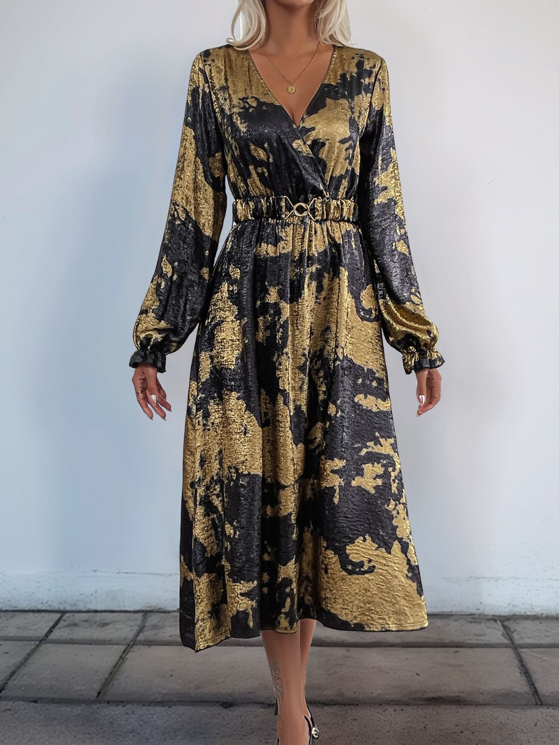 Hazel Blues® |  Perfee Printed Surplice Long Sleeve Midi Dress