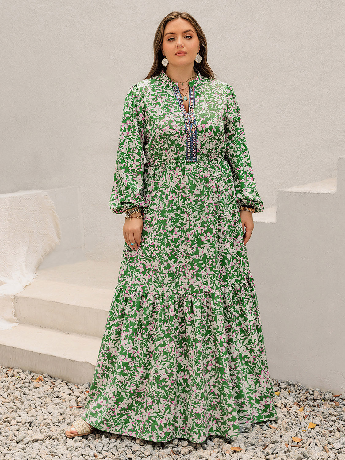 Hazel Blues® |  Printed Notched Long Sleeve Maxi Dress