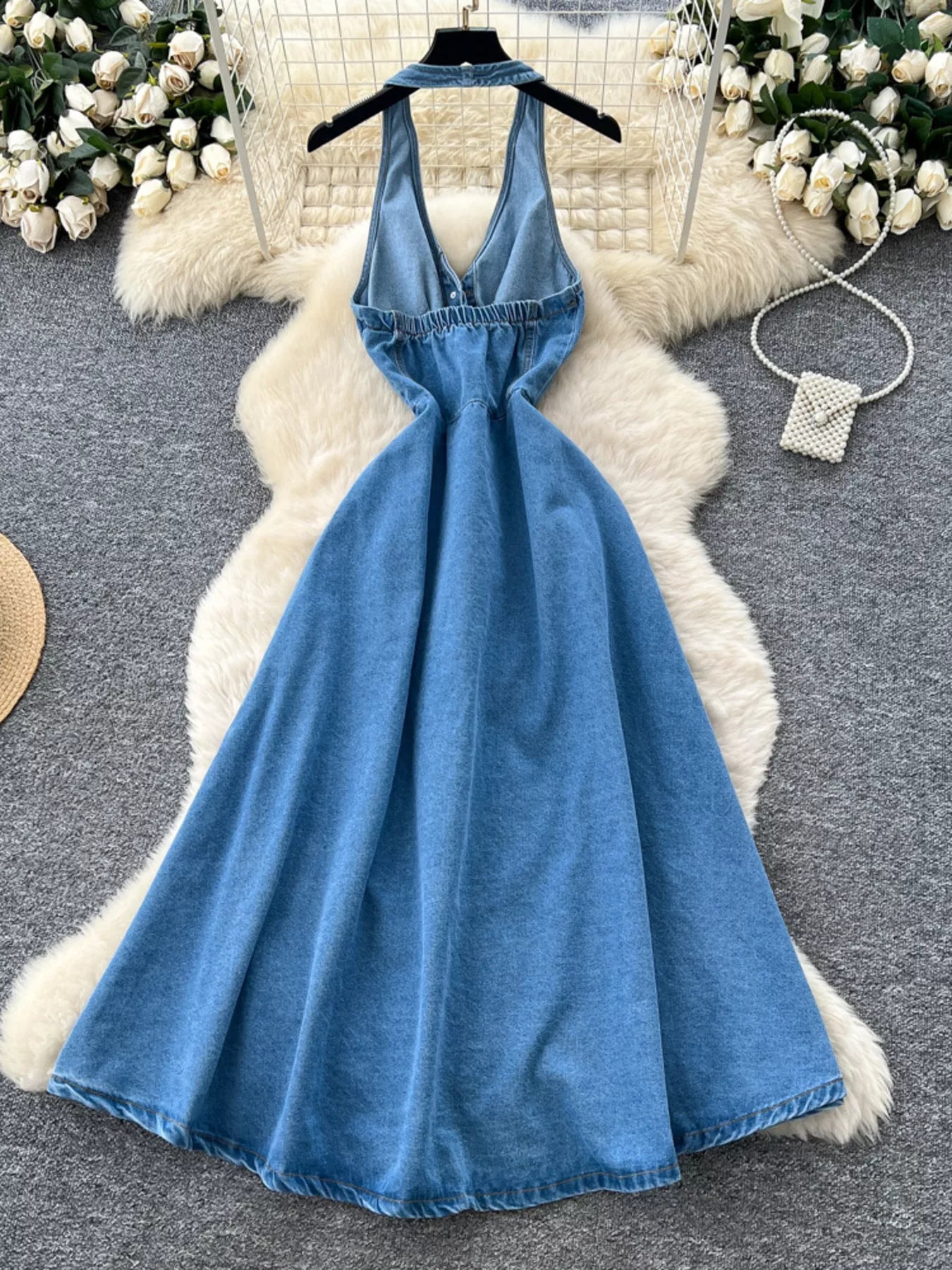 Hazel Blues® |  Halter Neck Button-Down Denim Dress