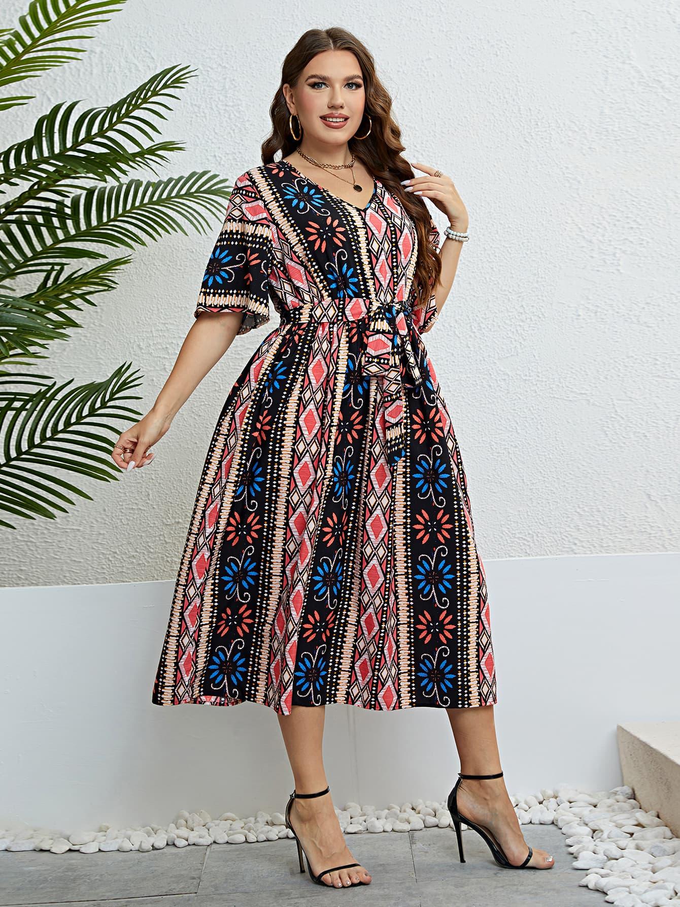 Hazel Blues® |  Bohemian V-Neck Tie Belt Midi Dress