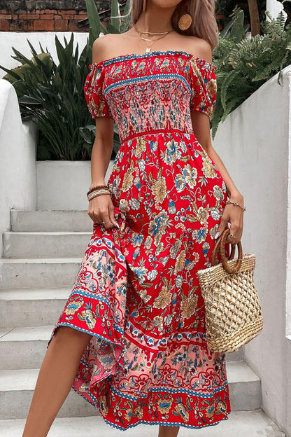 Hazel Blues® |  Floral Off-Shoulder Smocked Midi Dress