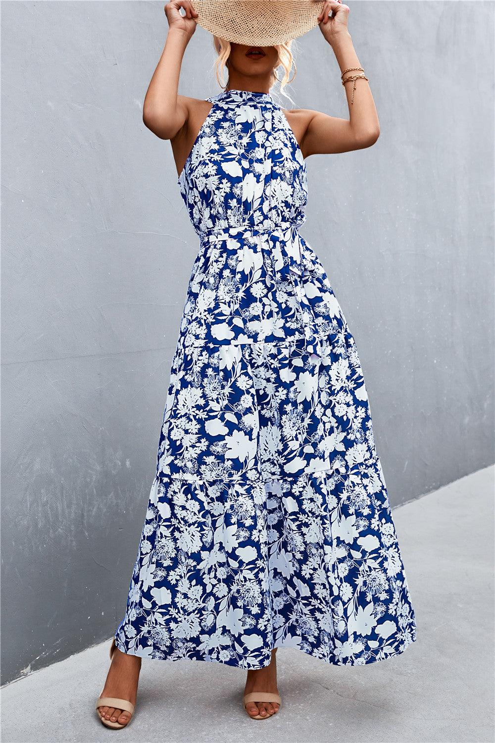 Hazel Blues® | Printed Sleeveless Tie Waist Maxi Dress