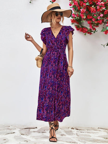Hazel Blues® |  Printed Surplice Neck Flutter Sleeve Slit Dress