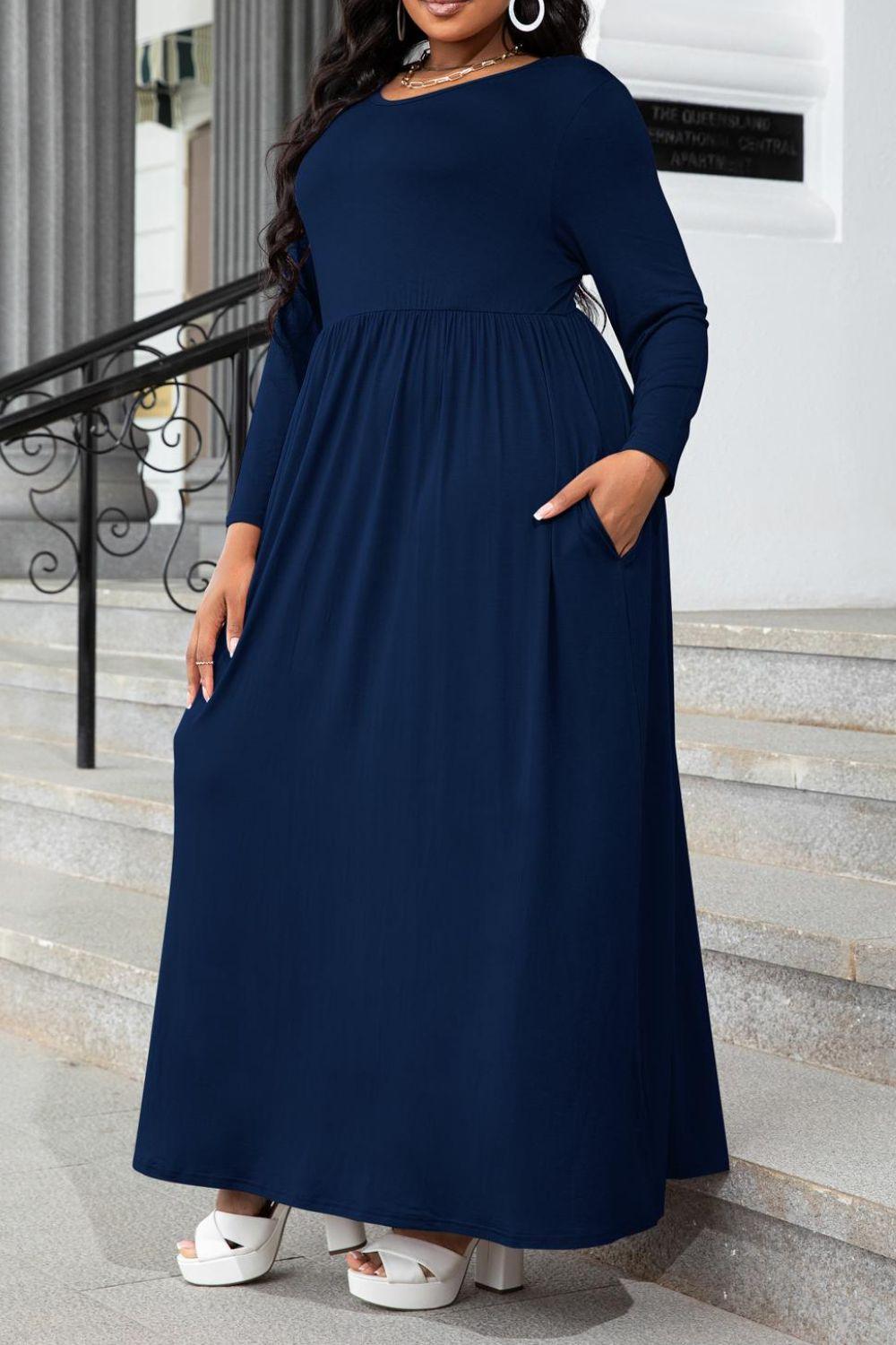 Hazel Blues® | Round Neck Long Sleeve Maxi Dress with Pockets
