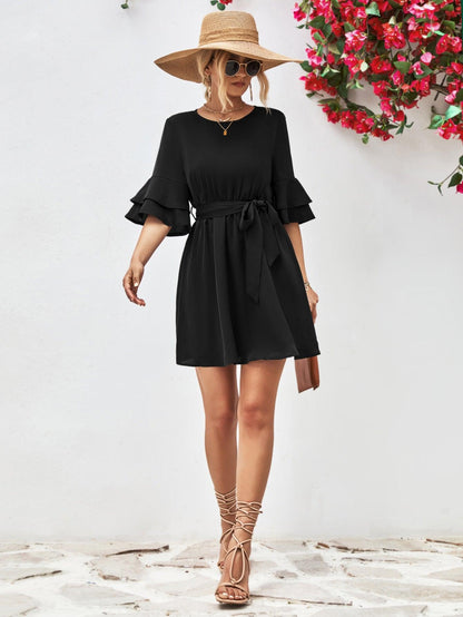 Hazel Blues® |  Round Neck Tie Belt Flounce Sleeve Dress
