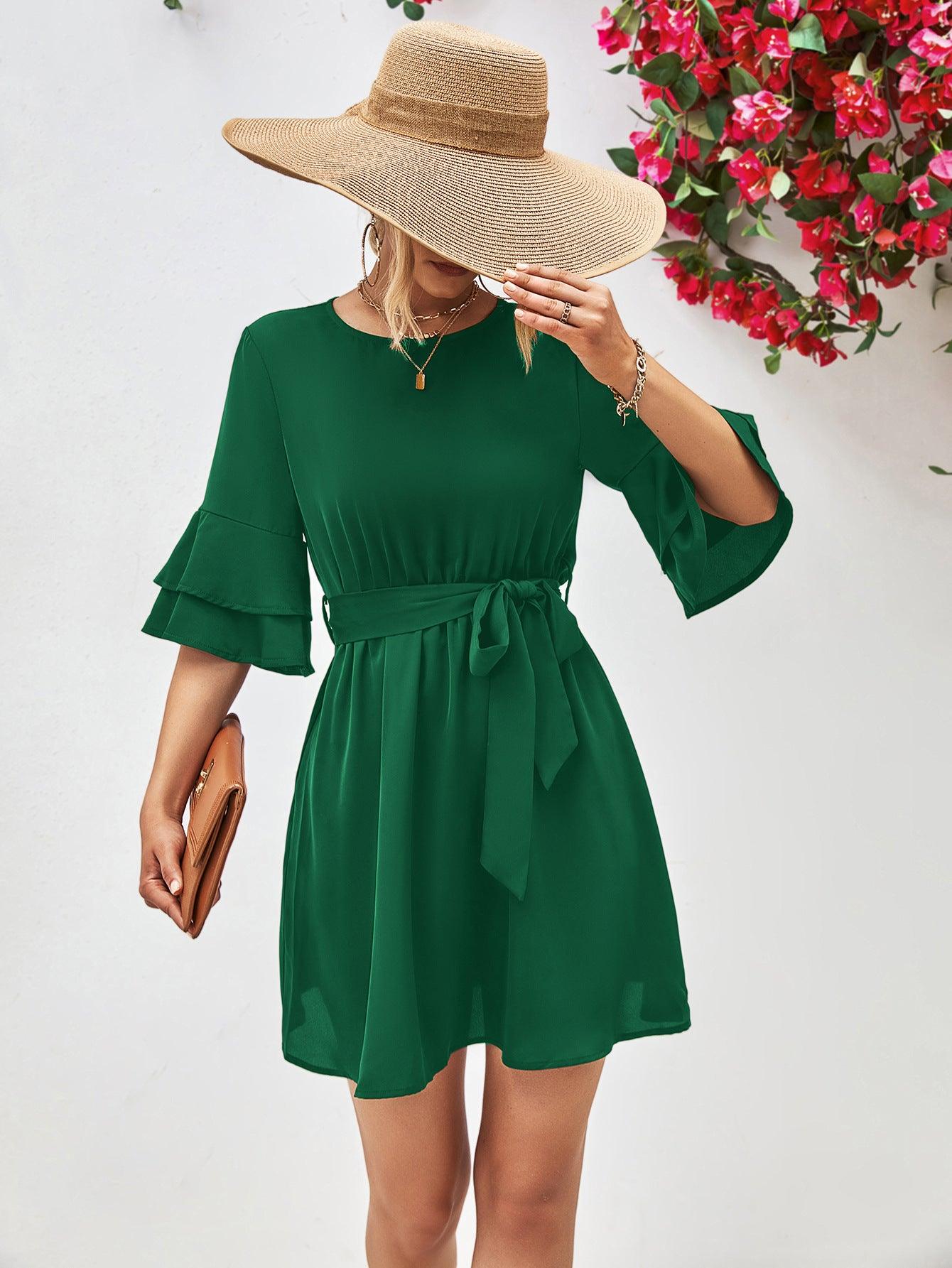 Hazel Blues® |  Round Neck Tie Belt Flounce Sleeve Dress