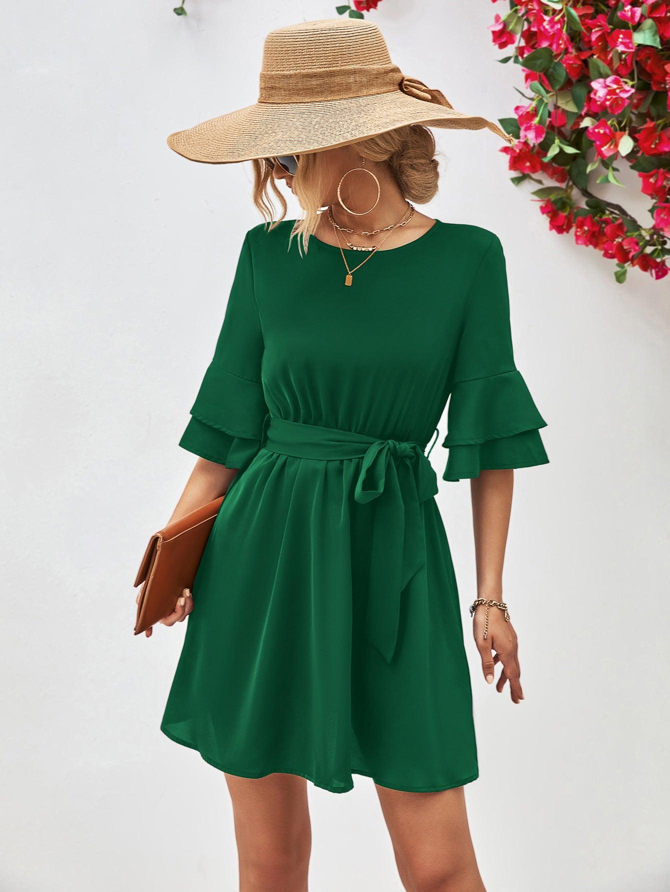 Hazel Blues® |  Round Neck Tie Belt Flounce Sleeve Dress