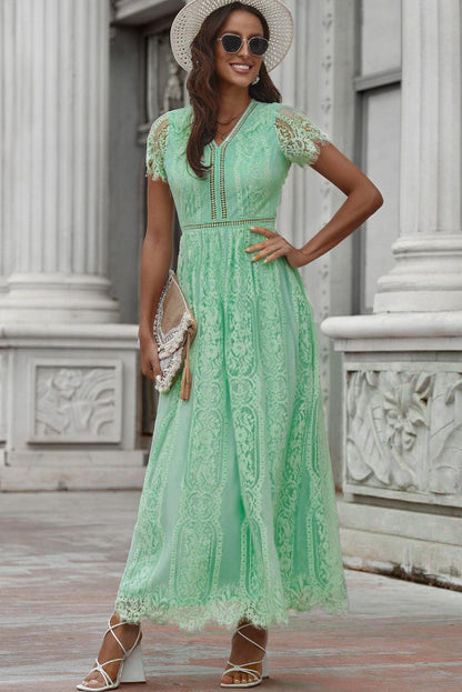 Hazel Blues® |  Scalloped Trim Lace Plunge Dress