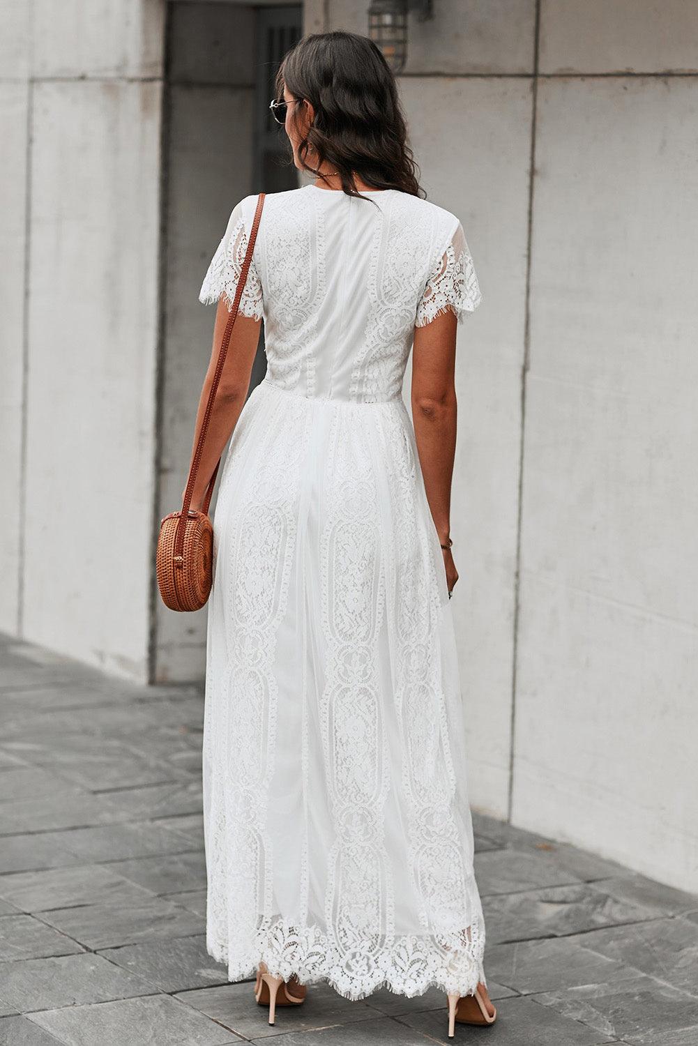 Hazel Blues® |  Scalloped Trim Lace Plunge Dress