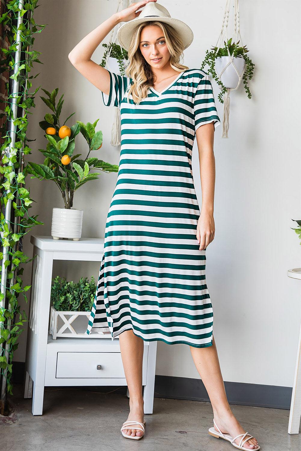 Hazel Blues® | Striped V-Neck Short Sleeve Side Slit Dress
