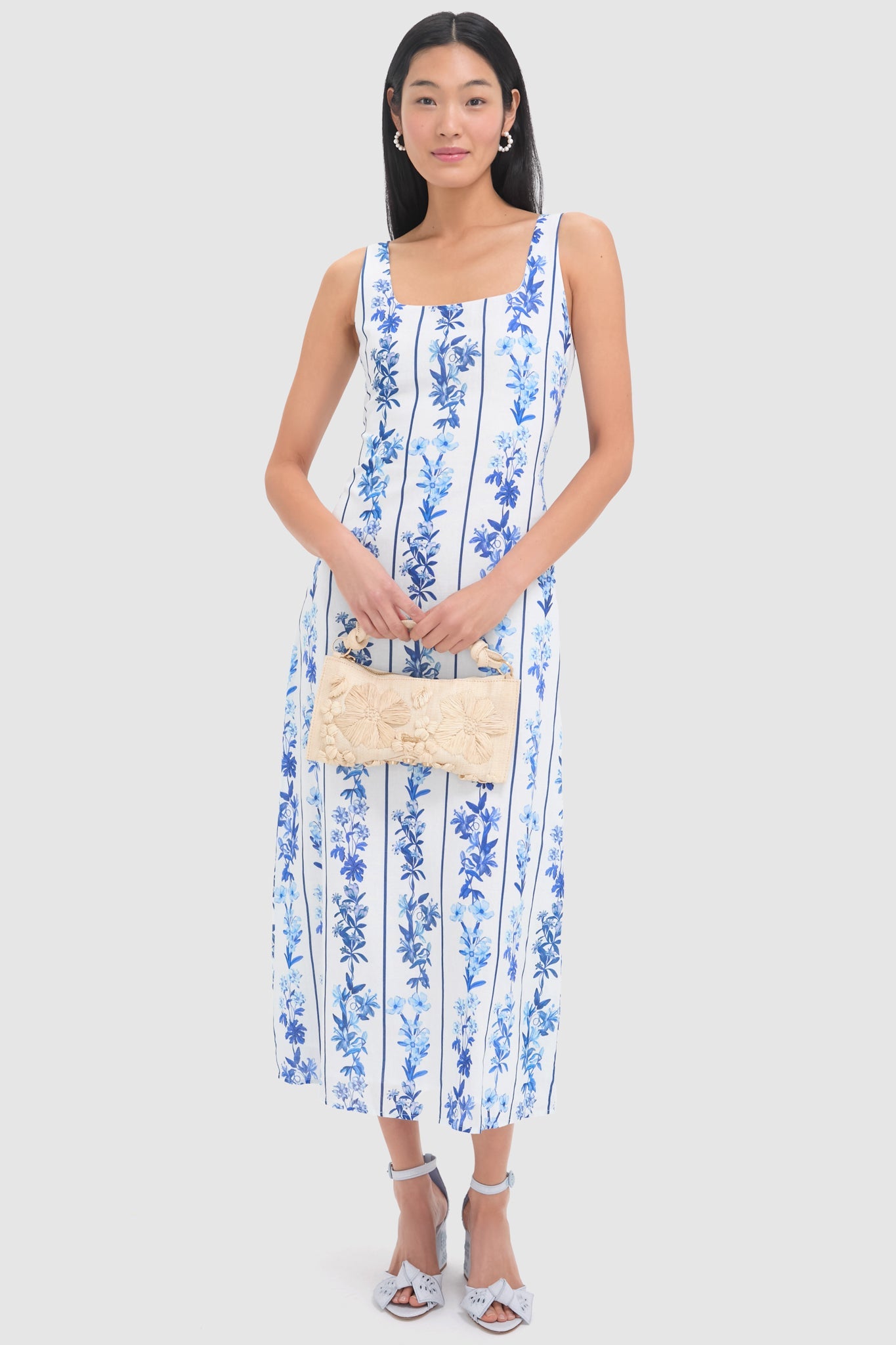 Blue Floral and Stripe Minnie Midi Dress