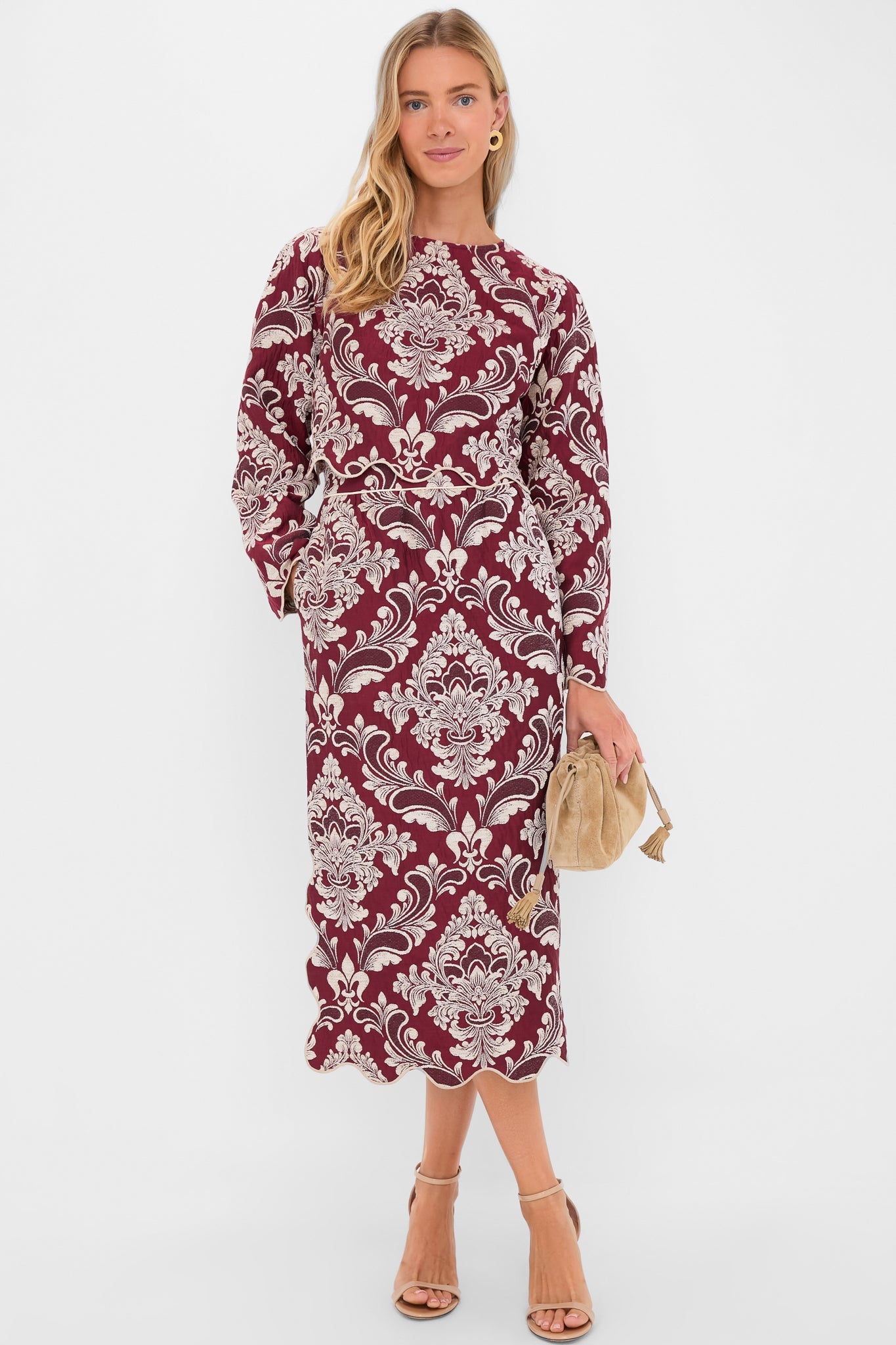 Blush Pink and Burgundy Bicolor Jacquard Waves Midi Skirt