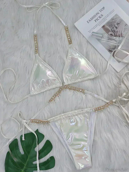Shiny PU Leather Wrap Around Diamond Bikini Set